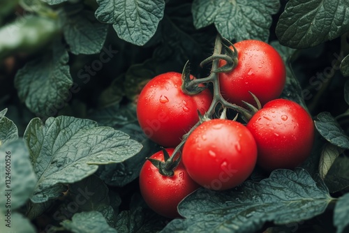 Fresh Tomatoes Growing on a Vine Surrounded by Green Leaves in a Garden Setting