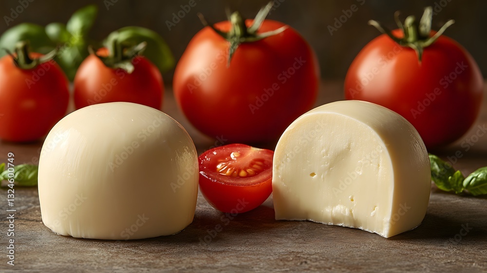 Elegant Presentation of Mozzarella Cheese Bundle with Juicy Tomatoes on a Smooth White Surface Elegant Presentation of Mozzarella Cheese Bundle with Juicy Tomatoes on a Smooth White Surface