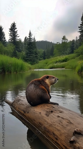 Beaver Resting on Log by Calm River Under Cloudy Sky in Forested Area