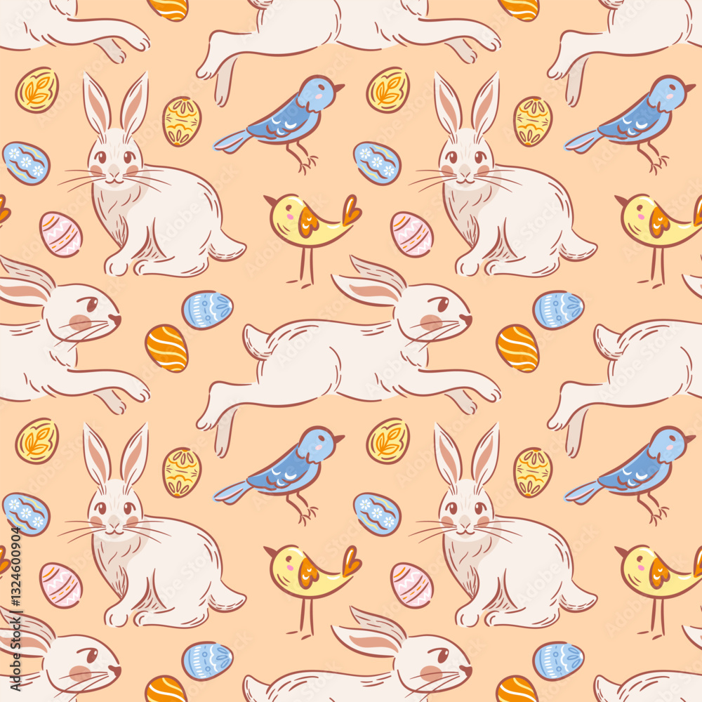 A seamless pattern featuring playful Easter bunnies, cheerful birds, and beautifully decorated eggs, all illustrated in a charming sketch style. Perfect for festive designs and seasonal decor. A seamless pattern featuring playful Easter bunnies, cheerful birds, and beautifully decorated eggs, all illustrated in a charming sketch style. Perfect for festive designs and seasonal decor.
