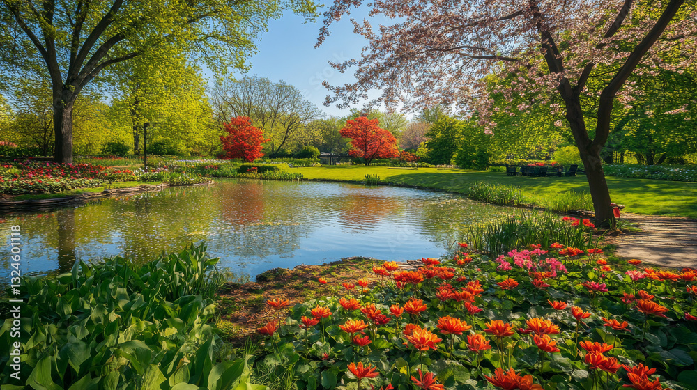 Obraz premium A picturesque springtime scene of a flourishing flower garden, fresh green pond trees, and vibrant foliage creating a serene landscape