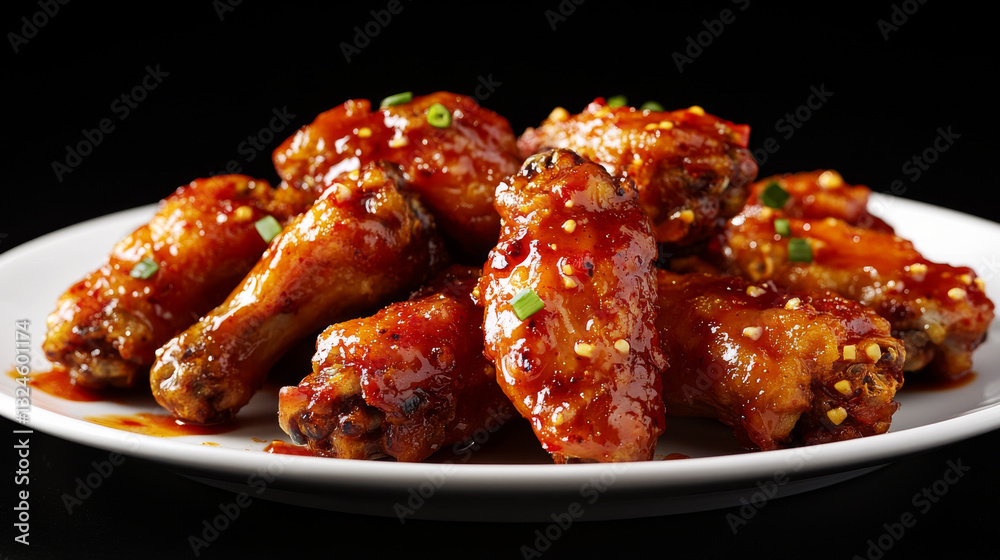 A plate of golden-baked chicken wings, drizzled with a rich sweet chili sauce, served against a dramatic black background A plate of golden-baked chicken wings, drizzled with a rich sweet chili sauce, served against a dramatic black background