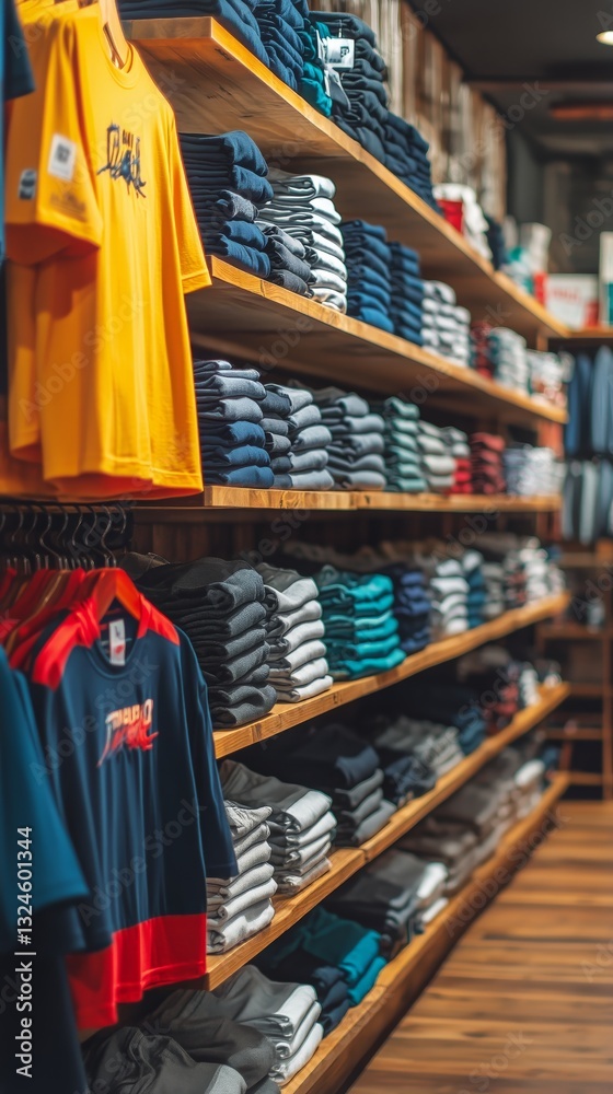 Fototapeta premium Colorful Apparel Displayed on Wooden Shelves in a Retail Store