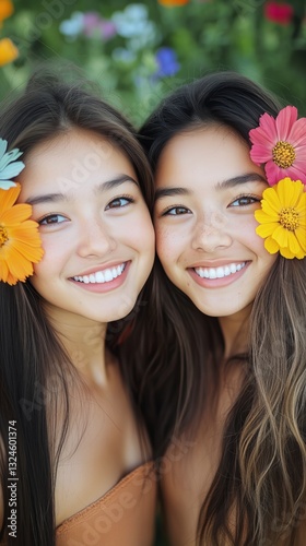 Two Friends Smiling and Posing With Colorful Flowers in Their Hair During a S...