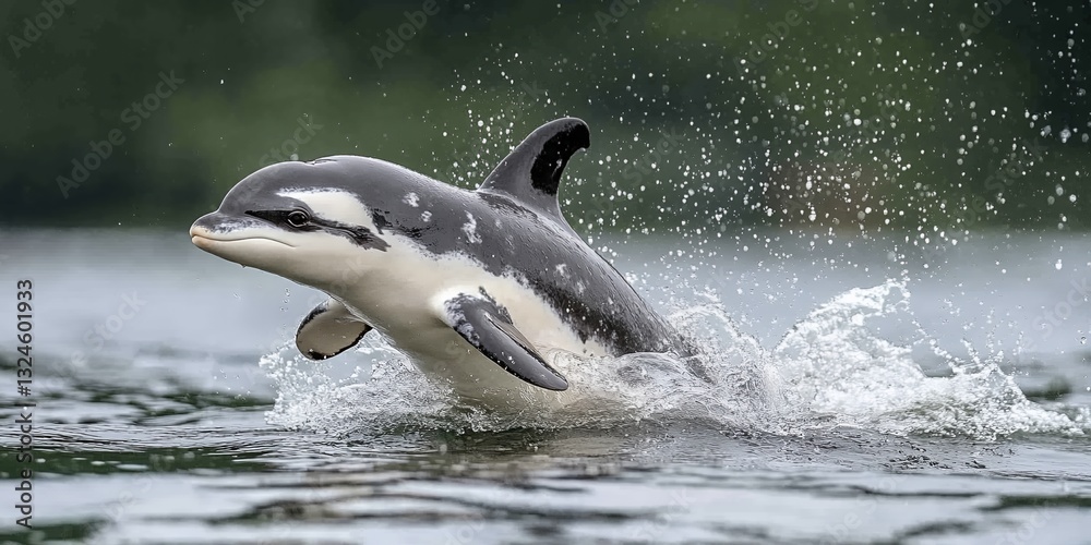 Obraz premium A playful Commerson s dolphin leaps from the ocean water creating a splash Wildlife