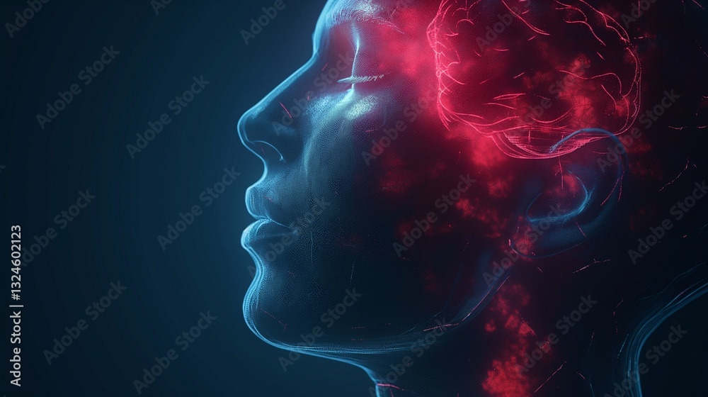 A serene, futuristic female figure with glowing brain patterns emanating soft red and blue lights, symbolizing thought and emotion. A serene, futuristic female figure with glowing brain patterns emanating soft red and blue lights, symbolizing thought and emotion.