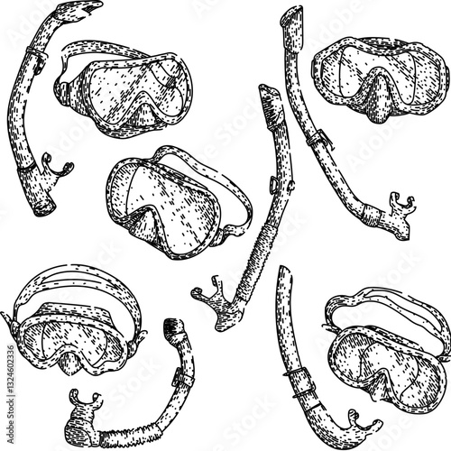 snorkel set sketch hand drawn vector