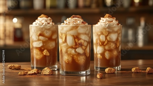 Iced cinnamon drinks on bar counter with blurred background photo