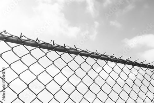 A minimalist composition of a chain link fence isolated break in the sky