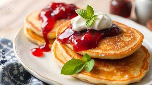 Delicious homemade pancakes with sour cream and jam