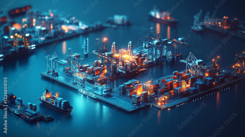 Obraz premium Digital polygonal cargo sea port. 3d ship, port crane and containers in dark blue. Container ships, transportation, logistics, business or worldwide shipping concept. Abstract vector mesh illustration