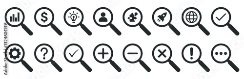 Magnifying Glass Icon Examining Various Mathematical Symbol. dollar, plus, minus sign, checkmark, rocket, person silhouette, gear, question mark, cross mark, web, exclamation mark, light bulb icons