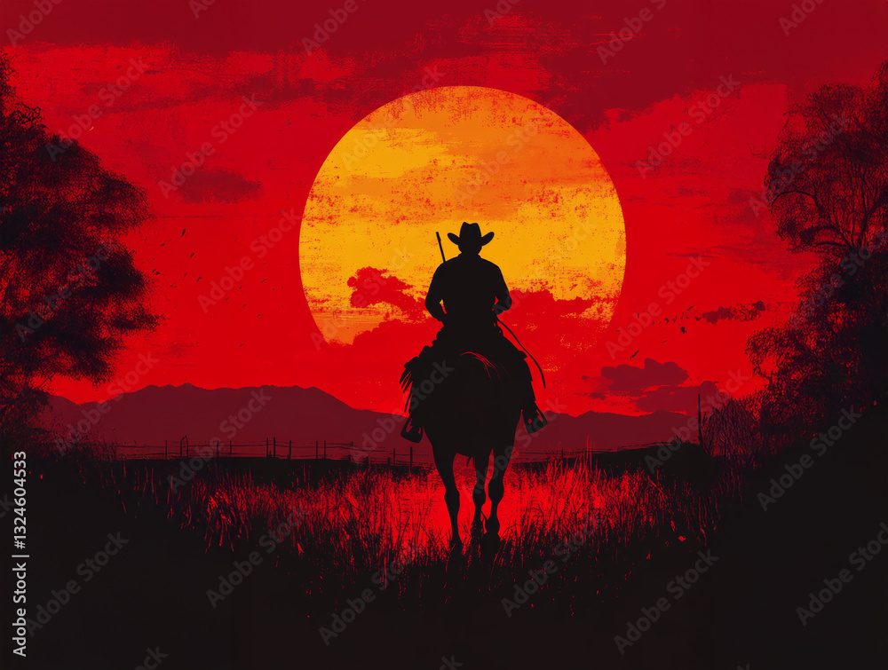 Naklejka premium Silhouette of cowboy on horseback at sunset.