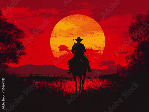 Silhouette of cowboy on horseback at sunset.