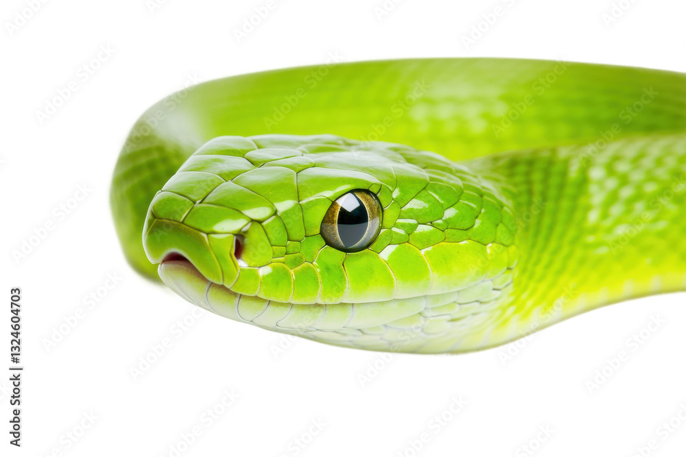 Fototapeta premium Green snake with vibrant scales in close-up view, cut out