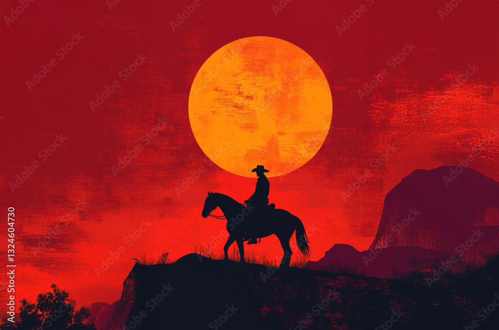 Naklejka premium Silhouette of cowboy on horseback at sunset.