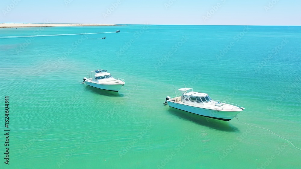 Aerial view of boats on tranquil waters surrounded by serene shades of blue and turquoise Aerial view of boats on tranquil waters surrounded by serene shades of blue and turquoise