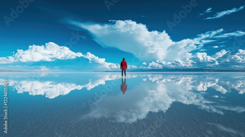 Solitary figure reflecting on vast salt flats salar de uyuni landscape photography nature wide angle serenity