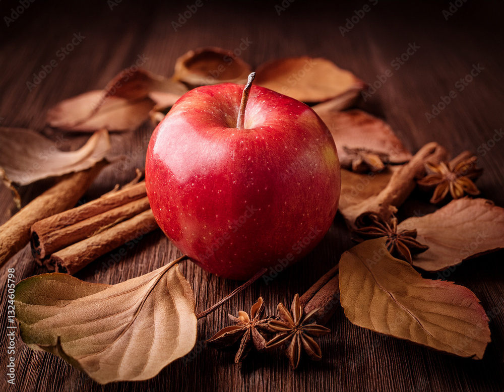 A rustic still life image of an apple surrounded by dried leaves and cinnamon sticks