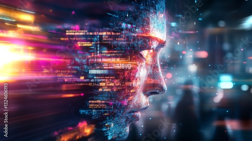 Stunning 4K animation of a futuristic face blending with digital elements and vibrant colors