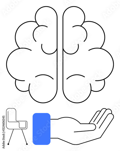 Outline brain with open hand offering support, modern chair for simplicity, innovation, teamwork, education, mental health, problem-solving, leadership, flat simple metaphor