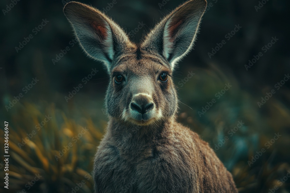 Fototapeta premium Eastern Grey Kangaroo Portrait with Large Ears Staring Directly, Wild Australian Animal in Natural Habitat