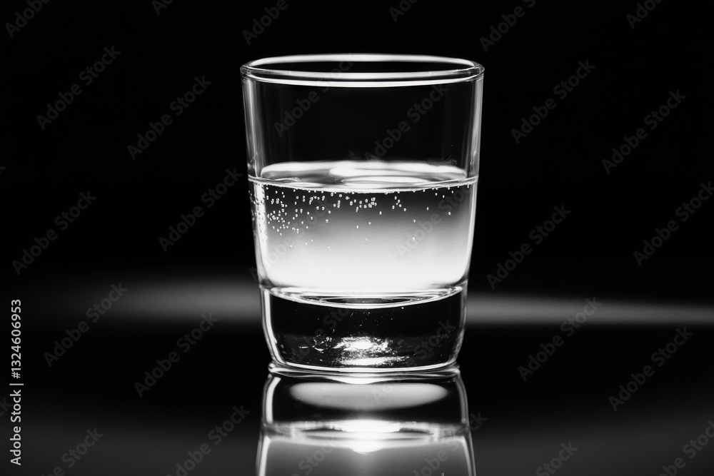 Glass of Sparkling Water in Dramatic Black and White Lighting with Reflection Glass of Sparkling Water in Dramatic Black and White Lighting with Reflection