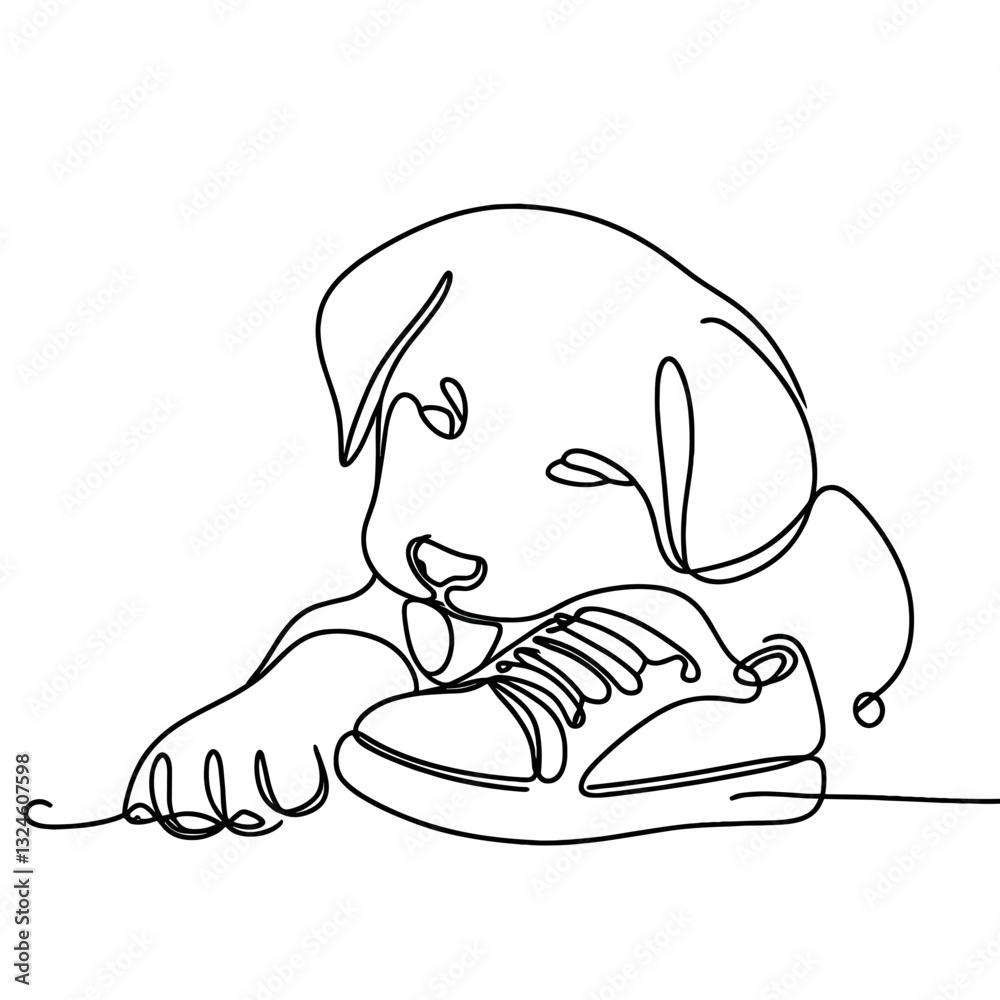Curious puppy chewing shoe in line art style. Curious puppy chewing shoe in line art style.