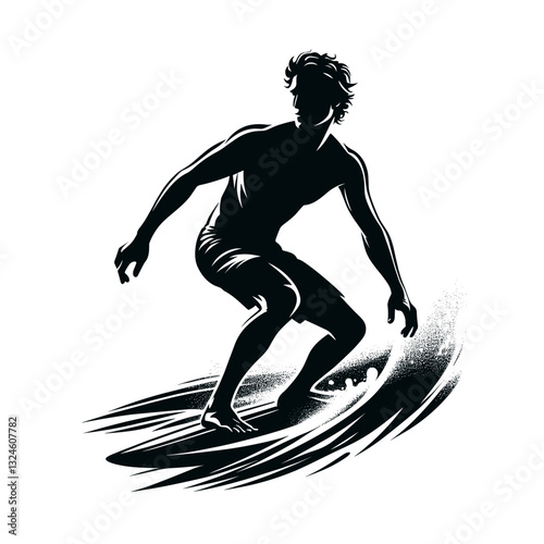 Silhouette surfer riding wave against white background. 
