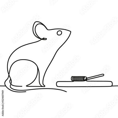 Mouse near trap in minimalist line drawing black and white.