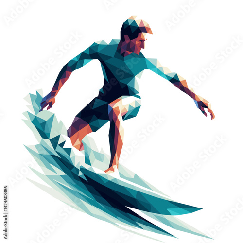 Surfer Riding a Wave in Watercolor Style Using Polygon Art