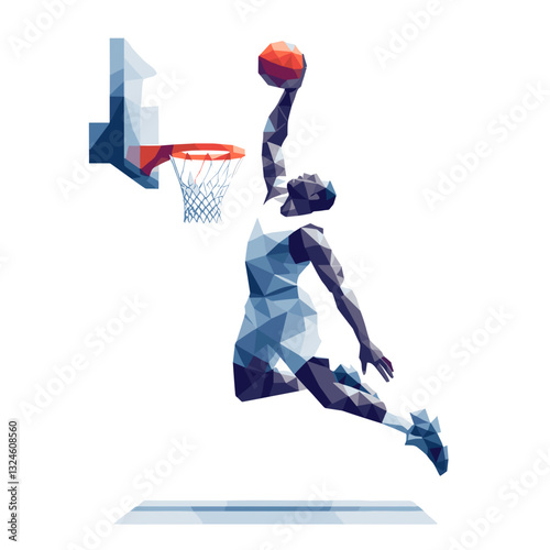 Polygon basketball player dunking against no background
