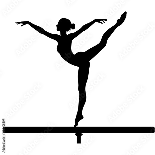 Silhouette gymnast gracefully balancing on beam.