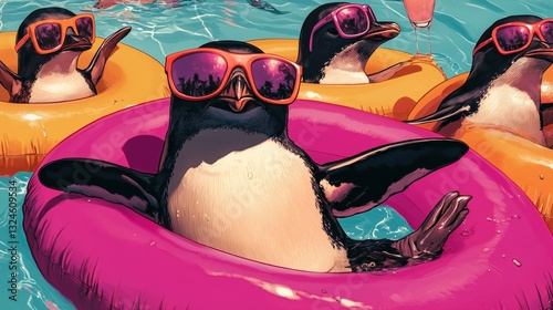 Penguins' Pool Party: Penguins chillaxing in a vibrant pool, each sporting sunglasses while relaxing in inflatable rings. capturing the scene's playful and carefree spirit.