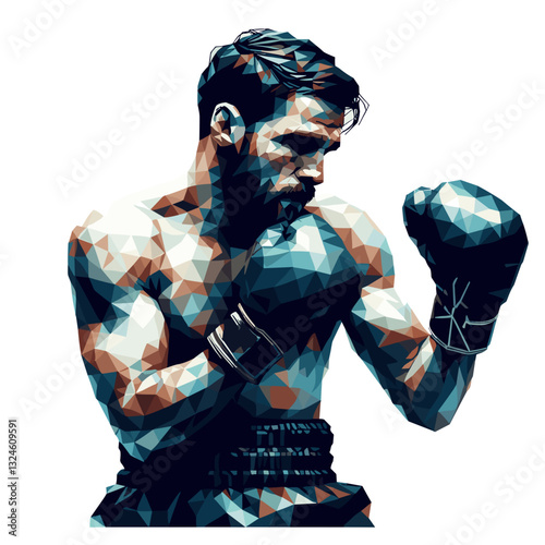 Boxer in power pose against plain background.