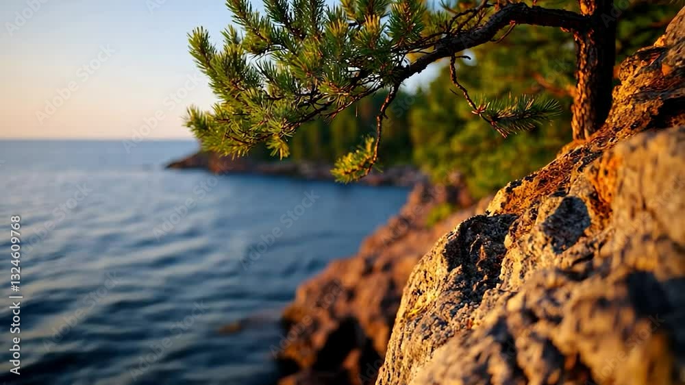 Coastal rock face with pine tree at sunrise