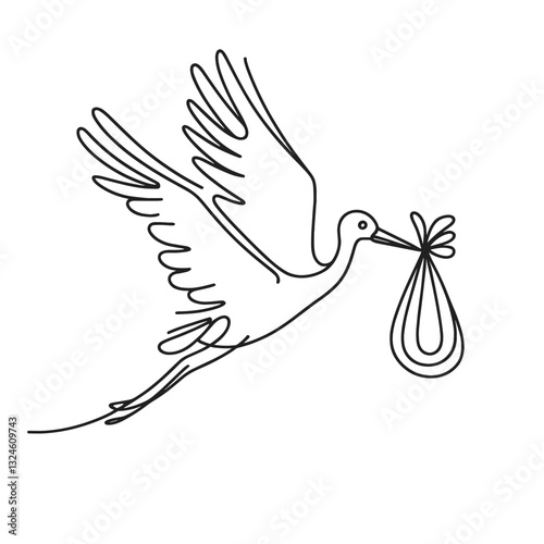 Stork flying with bundle representing delivery.
