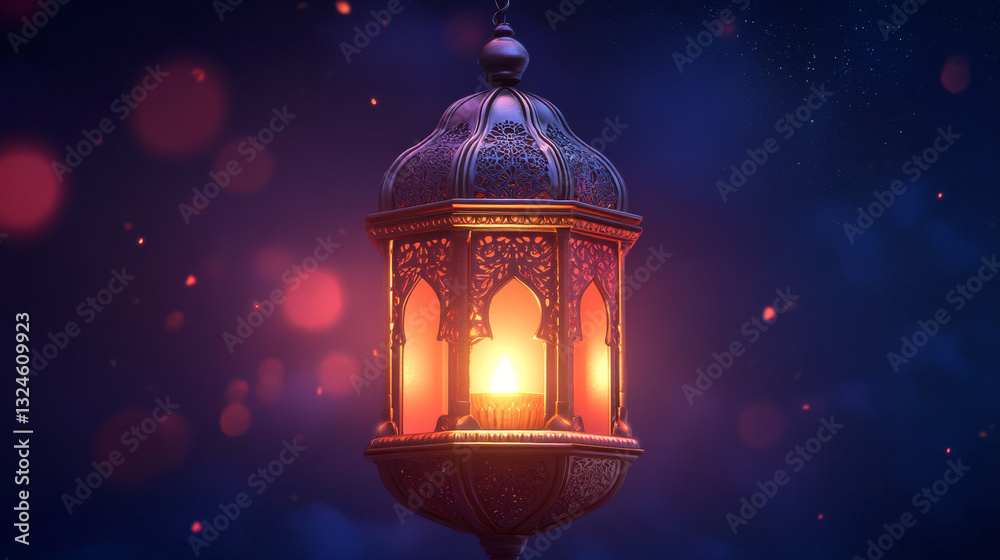 An intricately designed Arabic lantern with a flickering candle inside, casting a warm glow at night--perfect for a Ramadan Kareem greeting or invitation An intricately designed Arabic lantern with a flickering candle inside, casting a warm glow at night--perfect for a Ramadan Kareem greeting or invitation
