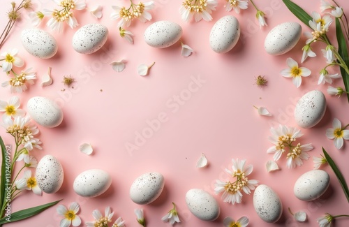 Creative easter layout with horizontal pattern from spring flowers and eggs on pastel pink background. Top view flat lay composition. Decorative frame, copy space for easter card design.