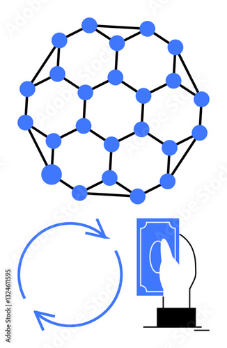 Blue geometric blockchain network, circular arrows indicating process flow, hand holding money. Ideal for blockchain, finance, technology, transactions, decentralization data cryptocurrency. Flat