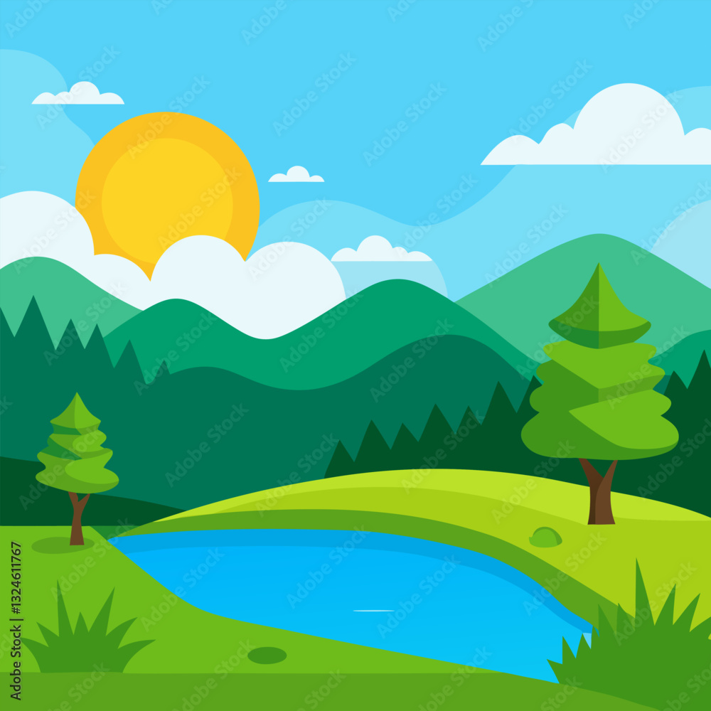Fototapeta premium Beautiful landscape of a warm morning or day on the lake. An amazing lake with a green clearing of lush grass vector.