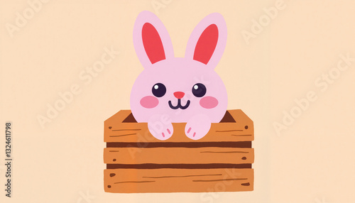Playful bunny peeking from wooden crate, cheerful pixel art