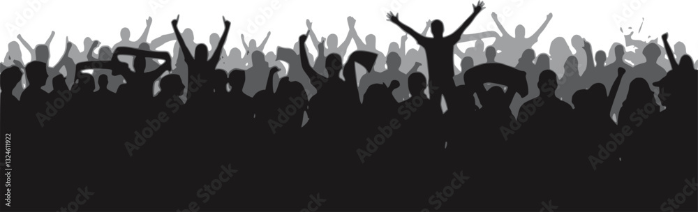 Crowd of people silhouette, cheerful fans people. Big event, concert or sport. Vector illustration
Crowd of people silhouette, cheerful fans people. Big event, concert or sport. Vector illustration