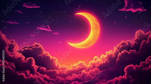 Celestial Dreamscape: A vibrant and captivating digital artwork of a crescent moon, painted with radiant colors and surrounded by fluffy, glowing clouds, evokes feelings of peace.