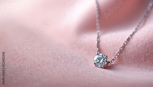 Elegant round cut diamond necklace on soft pink velvet background. Jewelry ad template with copy space. Luxury gift for women. Perfect present for Valentines Day engagement. © miss irine