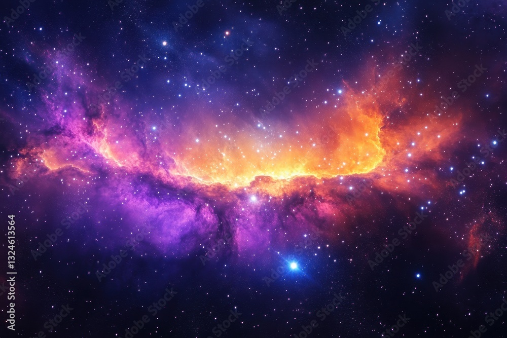 Fototapeta premium This photo captures a vibrant space with an abundance of stars and swirling clouds A wispy nebula highlighted with oranges purples and shades of blue .