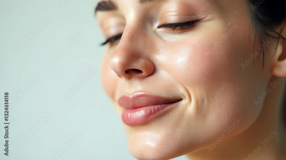 Serene woman’s face in close-up, eyes closed, fresh and radiant skin, no makeup visible. Concept of: purity, natural beauty, self-care, skincare, relaxation, wellness, minimalism, self-love