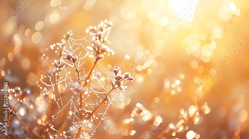 Dewy Spiderwebs Adorn Plants Illuminated By Golden Sunlight