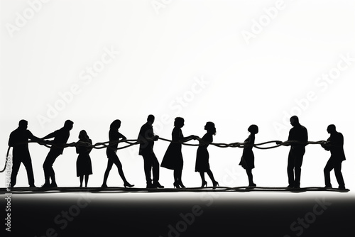 Silhouettes of people pulling a rope in unison, forming a symbolic knot.
