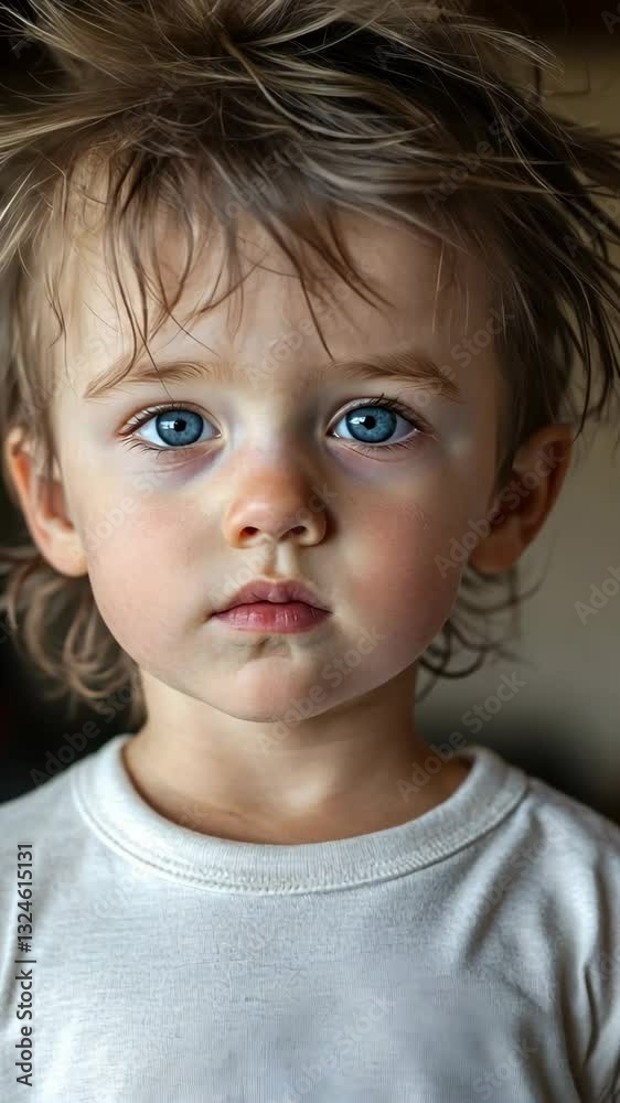 Child with striking blue eyes looking directly at the camera in a soft indoor light Child with striking blue eyes looking directly at the camera in a soft indoor light